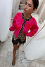 Thumbnail for Pink Soleil Cardigan with red sun motifs and leopard trim, paired with a lace-trimmed leopard skirt.