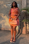 Pink Sol Beaded Top with a hand-embroidered sun print and sequins, styled as a co-ord with the matching skirt.