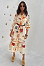 Thumbnail for Cream Poema Shirt Dress featuring colourful motifs, orange lettuce trim and a tiered ruffle hem.