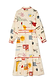 Poema Shirt Dress in cream cotton-linen with colourful island motifs, a ruffle hem and orange lettuce trim.