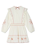 Cream cotton Pollenca Mini Dress featuring red embroidery, palm motifs and a back neck tie closure.