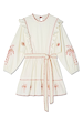 Cream and Red Pollenca Mini Dress in cotton with palm tree embroidery, ruffle details and a matching waist tie.