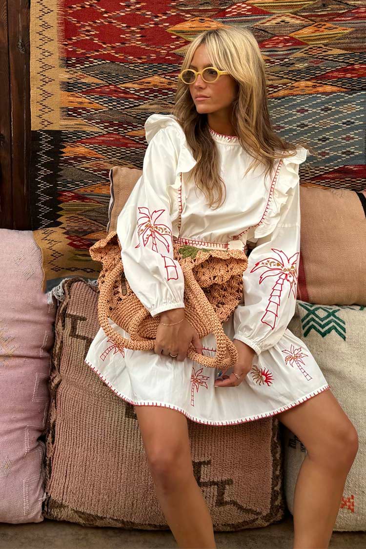 Cream Pollenca Mini Dress in cotton with red palm tree embroidery and ruffles from the NFD X Caetana range.