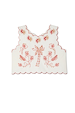 Cream and Red Pollenca Top featuring red embroidered palm tree motifs and scalloped edges on a cotton base.
