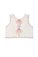 Cream and Red Pollenca Top in 100% cotton with red scalloped embroidery and front tie fastenings.
