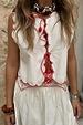 Multi-wear Cream and Red Pollenca Top in cotton featuring scalloped edges and red beaded tie fastenings.