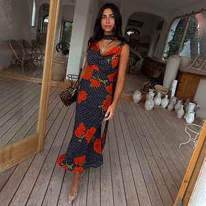 Black Poppy Sophie Dress with red poppy and white polka dot print, cowl neckline and detachable multi-wear scarf.