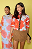 Thumbnail for Blue Poppy Cardigan with bold poppy print and leopard trim, shown on two models for inclusive sizing.