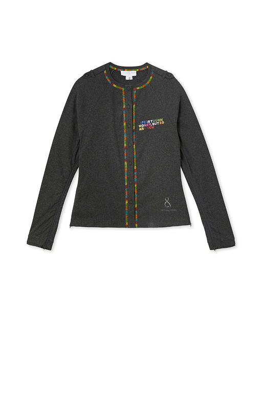 Charcoal Life Is Tough Honey T-shirt with rainbow slogan embroidery and multicoloured detailing at the neckline.