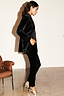 Black Velvet Quinn Trouser with diamante studs, worn with a matching blazer and silver heels.