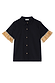 Black Raffia Shirt in a linen-blend with short sleeves, tan raffia fringe trim and crochet-style buttons.