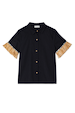 Black Raffia Shirt in a linen-blend with short sleeves, tan raffia fringe trim and crochet-style buttons.