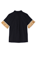 Black Raffia Shirt in black linen-cotton with tan raffia fringe trim on the sleeves, shown from the back.