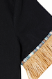 Black Raffia Shirt sleeve detail with tan raffia fringe and a blue woven border.