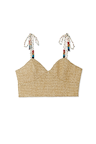 Beige Raffia Cecilia Top with multi-coloured beaded tie straps and a textured woven finish.