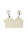 Raffia Cecilia Top back view in beige featuring a centre zip and multi-tie straps with colourful glass bead details.