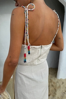 Beige Raffia Cecilia Top featuring multi-tie straps with multicoloured glass beads and a back zip closure.