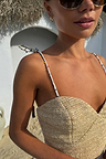Beige Raffia Cecilia Top featuring multicoloured glass beaded tie straps and a textured corset bodice.