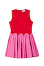 Thumbnail for Red and Pink Mini Monika Dress with a panelled corset-style top, scalloped edge, and pleated pink cotton skirt in a flat lay.