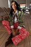 Thumbnail for Red Bandana Jeans Petite in a paisley print, paired with a green quilted jacket and white eyelet shirt.