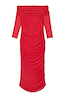 Red Diaz Dress in a ruched mesh fabric with an off-the-shoulder neckline and long sleeves.