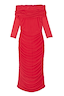 Red Diaz Dress in red mesh with long sleeves, a draped Bardot neckline and ruched texture throughout.
