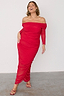 Thumbnail for Red Diaz Dress in ruched mesh with long sleeves and an off-the-shoulder neckline, worn by a size 18 model.