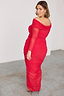 Red Diaz Dress in ruched mesh with an off-the-shoulder neckline, shown on a curve model for inclusive sizing.