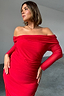 Red Diaz Dress in ruched mesh with a bardot neckline, worn by a model in size UK 18 / US 14.