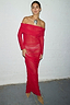 Red Diaz Dress in sheer ruched mesh with an off-the-shoulder neckline and floor-length silhouette.