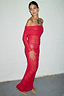 Thumbnail for Red Diaz Dress in ruched mesh with an off-the-shoulder neckline and long sleeves on a model.