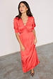 Red May Dress with lace detailing, V-neckline and elasticated cuffs, paired with leopard print heels.