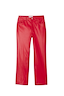 Deep red vegan leather trousers featuring a straight leg fit and an embroidered pocket logo on a white background.