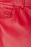 Thumbnail for Deep red vegan leather trousers featuring an embroidered pocket logo detail.