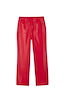Deep red vegan leather trousers with a straight leg fit, showcasing the back view and pocket detailing.