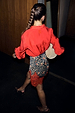 Cherry Red Miley Shirt featuring blouson sleeves and back neck embroidery, styled with a leopard print lace trim skirt.