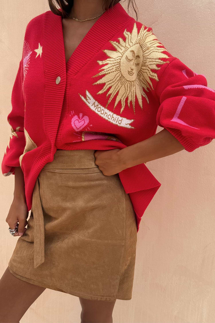Tan brown Suede Mini Jaspre Skirt in a wrap style paired with a red mystical sun print cardigan.