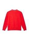 Red Mystical Cardigan back view in a soft knit with white blanket stitch detailing on the collar and hem.