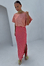 Thumbnail for Pink and Red Jacquard Tilly Dress with gold specks, featuring an off-the-shoulder neckline and side slit.