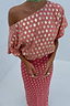 Thumbnail for Pink and Red Jacquard Tilly Dress Petite featuring an off-the-shoulder neckline and shimmering gold specks.