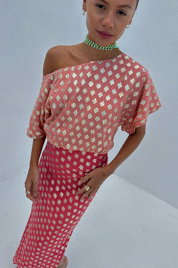 Pink and Red Jacquard Tilly Dress Petite featuring shimmering gold specks and an off-the-shoulder neckline.