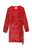 Thumbnail for Red Sequin Mini Vienna Dress featuring a wrap waist fastening, V-neckline and long sleeves.