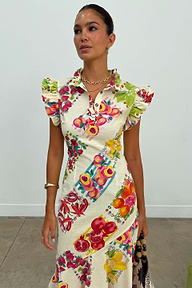 Fruit Stamps Remi Dress in white cotton-linen featuring ruffled sleeves and a fruit sticker print.