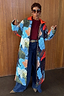 Thumbnail for Reversible NFD Navy Abstract Coat with a quilted longline silhouette and leopard print lining, styled with wide-leg jeans.