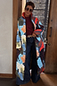 Thumbnail for Quilted Navy Abstract Coat in a longline reversible style with a multi-colour print and leopard lining.