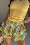 Multi-coloured Isla Ruffle Shorts featuring hand-painted motifs, tiered ruffles and a green scalloped lace trim.