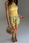 Isla Ruffle Shorts featuring a multi-coloured print with tiered ruffle detailing and lace trim.