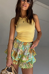 Isla Ruffle Shorts featuring a multi-colour scenic print, tiered ruffles and a green lace trim.