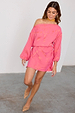 Pink Safari Mini Tilly Dress featuring a floral palm jacquard print, balloon sleeves and an elasticated waist.