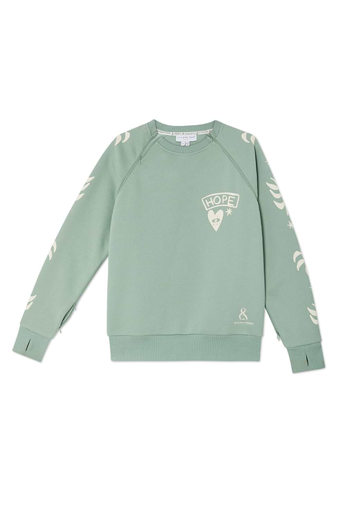 Sage green Sundazed Accessible Sweatshirt with cream palm prints, HOPE graphic, and concealed zips for treatment access.
